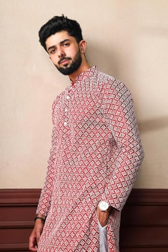 Image of LookMark Men's Printed Silk Blend Kurta with Mandarin Collar, Full Sleeves, Straight Fit Traditional Ethnic Wear