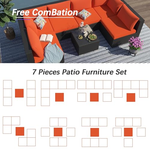 Image of 7 Piece Outdoor Sectional Outdoor Patio Furniture Set, Outdoor Patio Furniture Set with Coffee Table, Sectional Couch Sofa with Cushions, Wicker Outdoor Conversation Set for Backyard & Garden, Orange