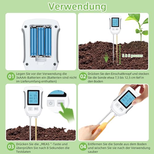 Tolesum 3 in 1 Bodenmessgerät, PH Wert Messgerät Boden,Digitales Bodentester Feuchtigkeitsmessgerät mit Temperatur/Feuchtigkeit und Hintergrundbeleuchtung für Gartenarbeit, Landwirtschaft