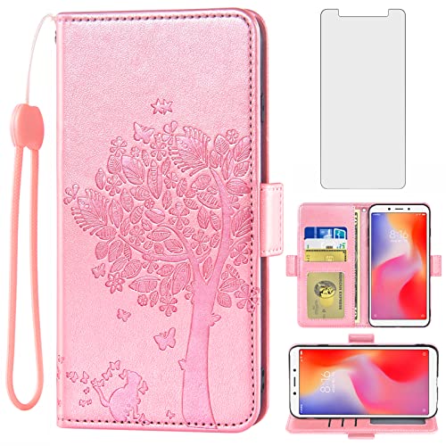Asuwish Compatible With Xiaomi Redmi 6/6A Wallet Case And Tempered Glass Screen Protector Flip Purse Accessories Wrist Strap Credit Card Holder Cell Phone Cover For Redmi6 Redmi6A Women Men Rose Gold #TOP30