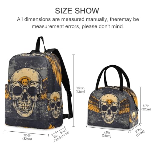 Backpack Lunch Bag Set Vintage Skull with Wings Print, Big Storage Travel Backpacks with Insulated Lunch Box for Office Hiking Picnic2