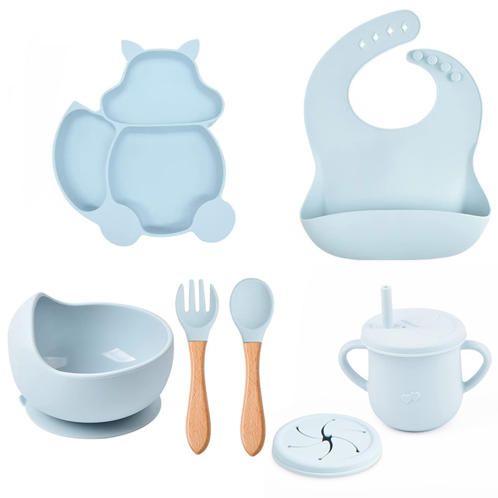 Jaffiust Set of 6 pieces silicone Feeding Tableware Set (Toddler) Silicone Baby Plate Spoon Fork Cup Snack Clip Food Grade Silicone BPA Free (Blue)