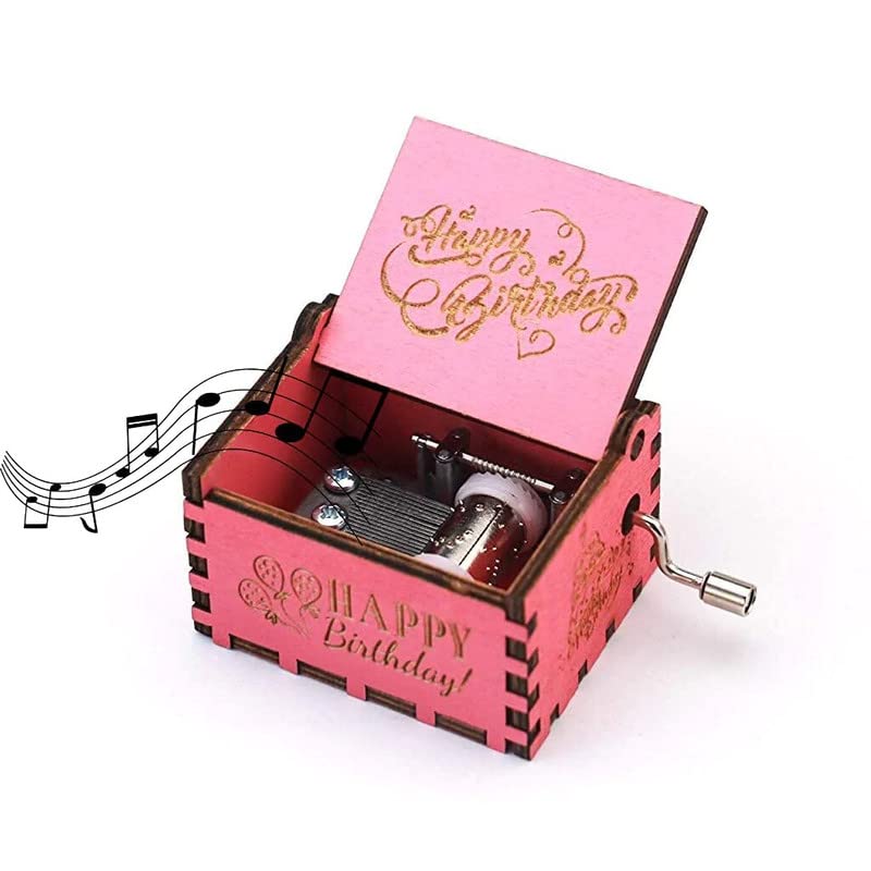 Image of Eitheo Wooden Antique Carved Hand Crank Happy Birthday-Pink Music Box | Birthday Gift for Girls Boys | Wooden Classic Theme Musical Toys Engraved Hand Cranked Occasion Gift