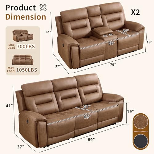 Image of ANJ 3-Piece Faux Leather Power Recliner Sofa Set with USB&Type-C Charging Ports, Include 2 Loveseat Sofas with Hidden Storage & Cup Holders and a 3-Seater Reclining for Living Room, Brown