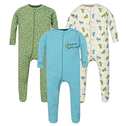 WINK & BLINk Organic Baby Sleep N' Play, 3-Pack Jumpsuit, 100% Organic One-Piece Cotton Fotted Pajamas (Dino Explorer,18M)