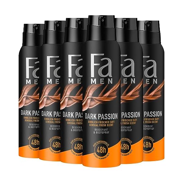 Fa Men Deodorant & Bodyspray Dark Passion mit sinnlich-frischem Duft, 48h Schutz, 6x 150 ml (6er Pack)