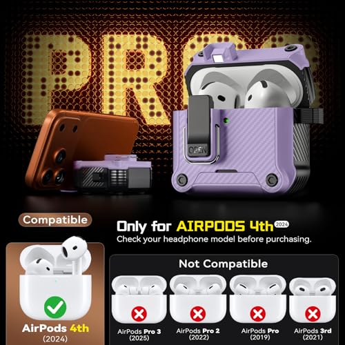 Image of Inesore for AirPods 4 Case with Secure Lock (Purple) | Phone Stand Design,Compatible with MagSafe,Automatic Snap Switch Secure Cover Carbon Fiber Texture with Cleaner Kit
