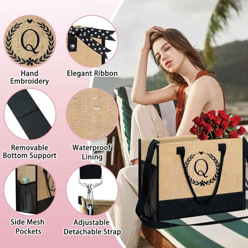 Image of GhvyenntteS Gifts for Women - Initial Jute Tote Bag & Makeup Bag, Valentines Day Gifts for Her Teacher Mom Wife Friend Birthday