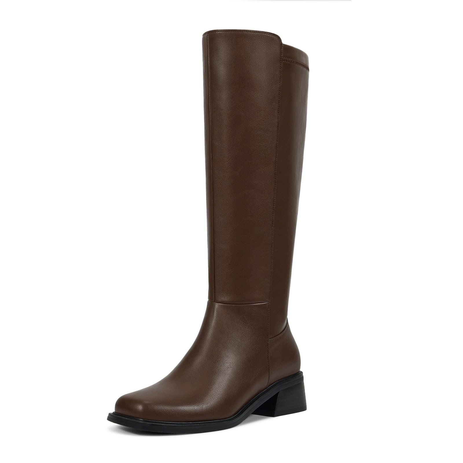 ISNOM Knee High Boots Women Chunky Low Heel Square Toe Elastic Boots Side Zipper Faux Leather Fall Long