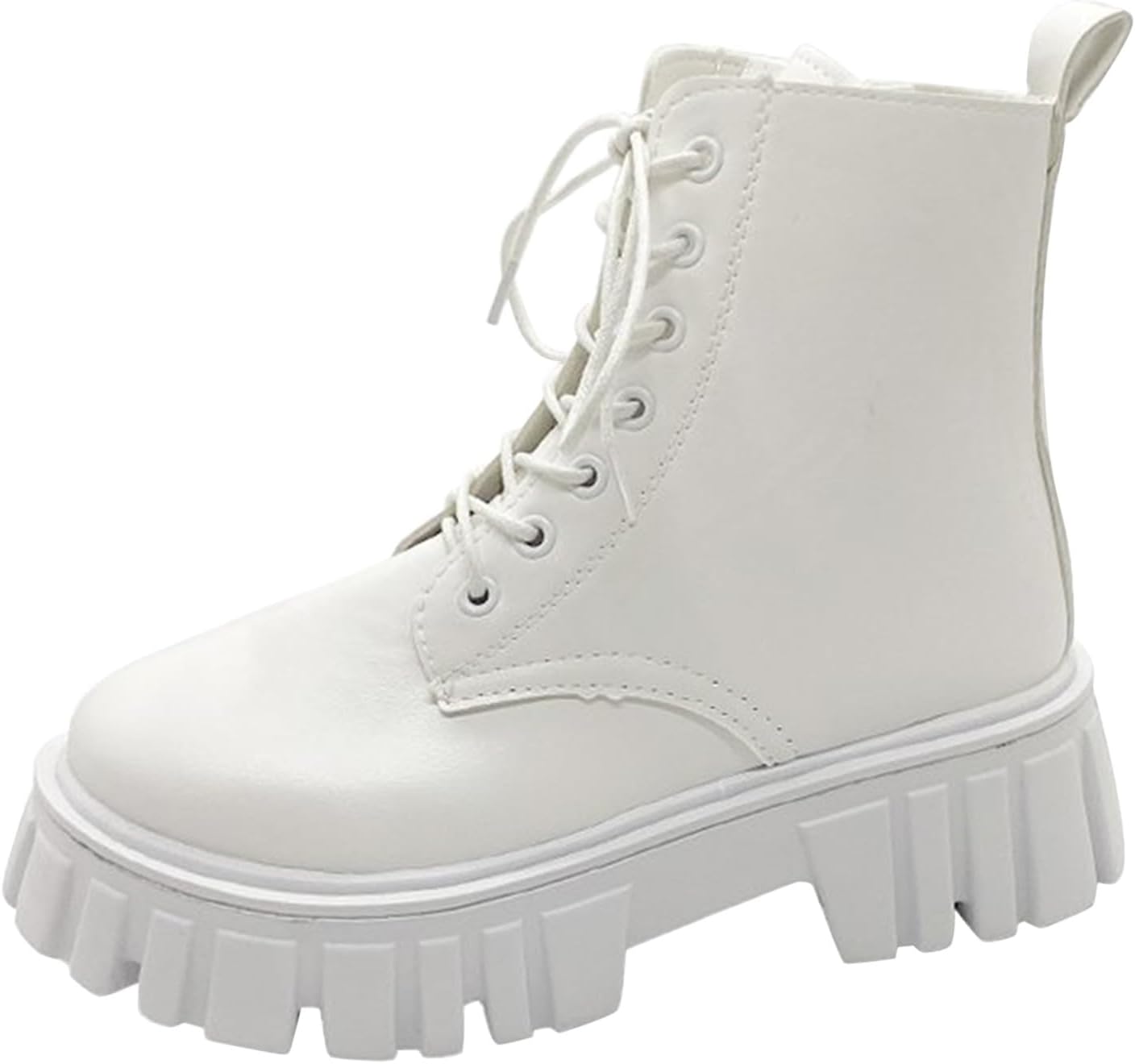 Women's Platform Combat Boots, Lace-Up Ankle Boots with Side Zipper, Korean Style Chunky Lugged Sole, White and Black Synthetic Leather, Winter Fashion