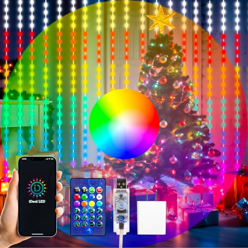 HXWEIYE 300LED Fairy Curtain Lights, 9.8x9.8Ft USB Plug-in 8 Modes Christmas String Hanging Lights with Remote for Bedroom Backdrop Wedding Indoor Wall Decor, RGB Color Changing, Standard – 1 Pack