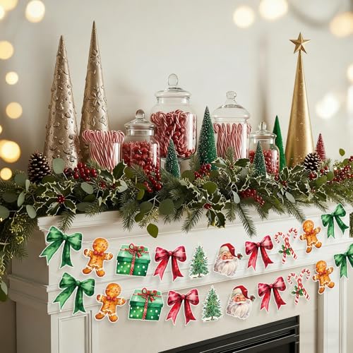 Image of Oudain 2 Pack Christmas Paper Garland 6.56 ft Red Green Christmas Tree Santa Claus Candy Cane Gingerbread Man Bow Hanging Bunting Banner Flags for Xmas Party Decorations Birthday Home Office Decor