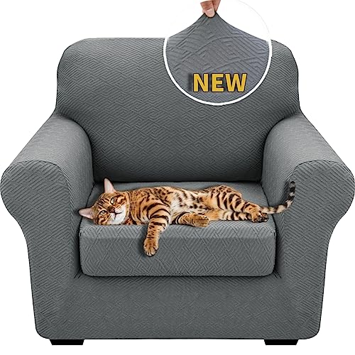 2024 Newest 2 Pieces Chair Covers with Arms Super Stretch Chair Slipcover for Living Room Pet Dog Universal Slip Cover Anti Slip Armchair Furniture Protector (Light Gray), 31″-46″(1 Cushion)