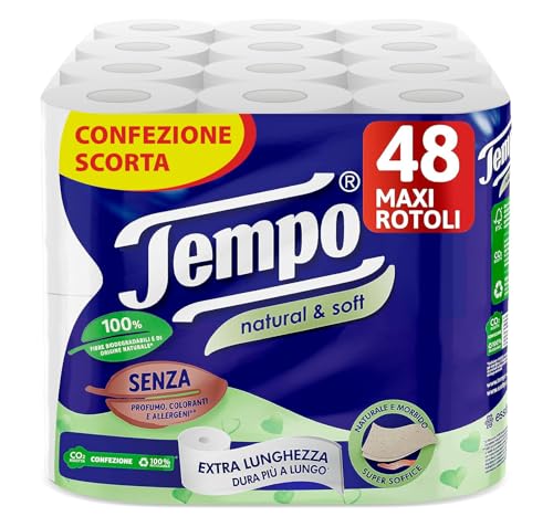 Tempo, Carta Igienica Natural & Soft, Morbida e Resistente, 48 Maxi Rotoli, Composti da 100% di Fibre Biodegradabili, Senza Profumo o Allergeni