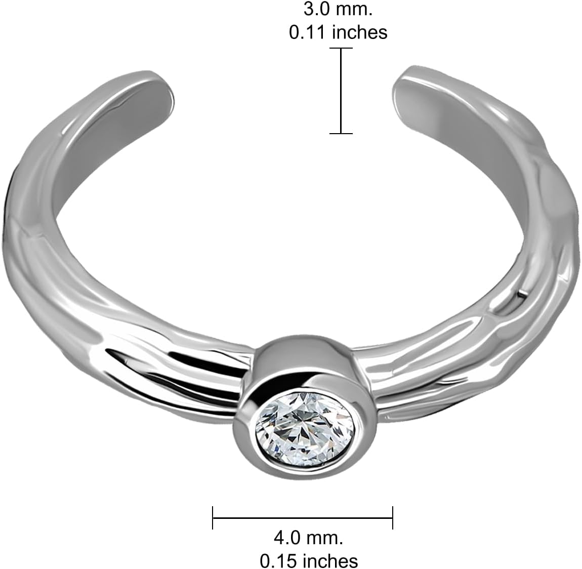 Hoops & Loops 925 Sterling Silver Cubic Zirconia Bezel-Set Hammered Open Toe Ring for Women Men
