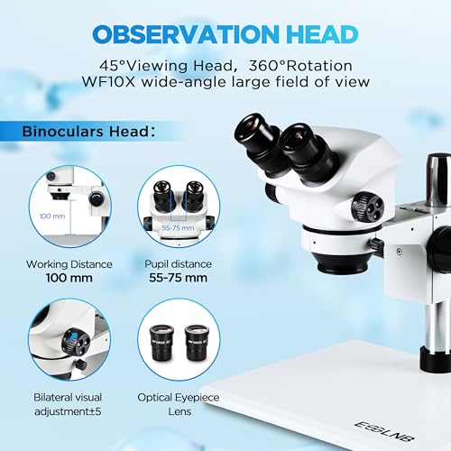 Image of ESSLNB Binocular Stereo Microscope with LED Light, 3.5X-50X Magnification, WF10X Eyepieces, 0.7X-5.0X Zoom Objective, 0.5X Additional Objectives - Ideal for Observation in Education, Professional Use