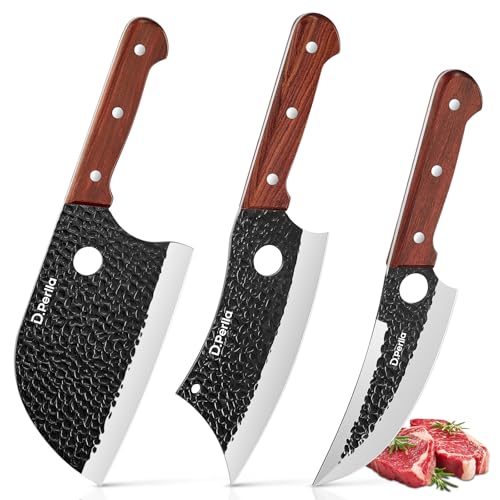 D.Perlla Set de Couteaux de Boucher 3 Pièces, Couteaux de Chef Professionnel Acier à Haute Teneur en Carbone Couteau à Désosser Couteau de Cuisine Serbe,...