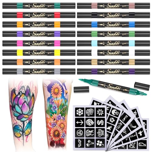 Suu66 Temporary Tattoo Markers Kit Dual-End 16 Colors with 80 Stencils for Body Art | Skin-Safe Washable Cosmetic-Grade | for Kids & Adults