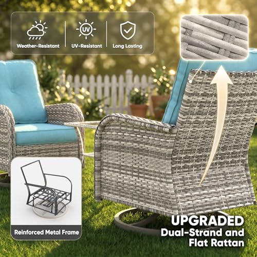 Image of 7-Piece Small Patio Furniture Set, Outdoor Swivel Rocking Chairs Set with 55,000 BTU Fire Pit Table Wicker Chairs and Tempered Glass Side Table, Patio Bistro Set for Balcony, Deck, Porch
