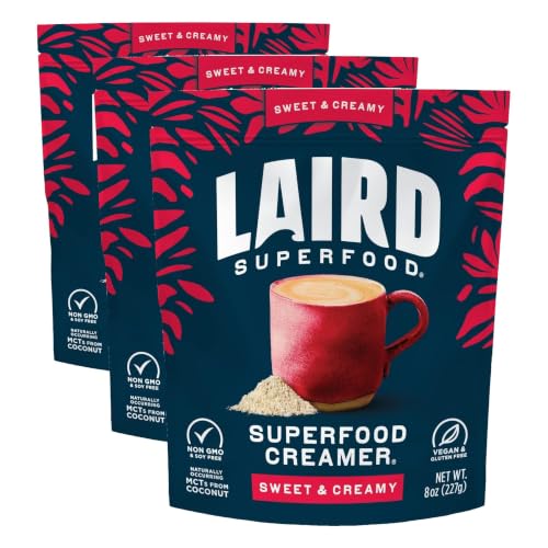 Image of Laird Superfood Non-Dairy Superfood Creamer - Coconut Powder Coffee Creamer - Sweet & Creamy - Gluten Free, Non-GMO, Vegan - 8 oz. Bag, Pack of 3