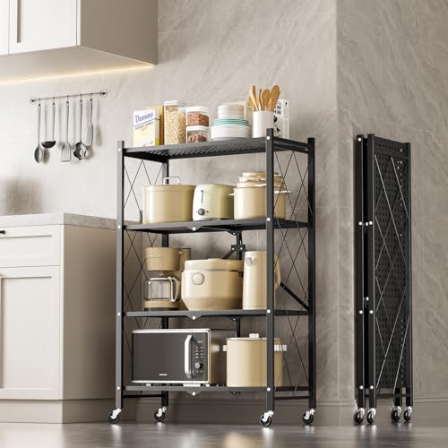 HealSmart Heavy Duty 4-Tier Foldable Metal Rack, 14.96" D x 27.95" W x 49.61" H Storage Shelving Unit 1000 lbs with Wheels Moving Easily Organizer Shelves Great for Garage Kitchen, Black - Thumbnail 2