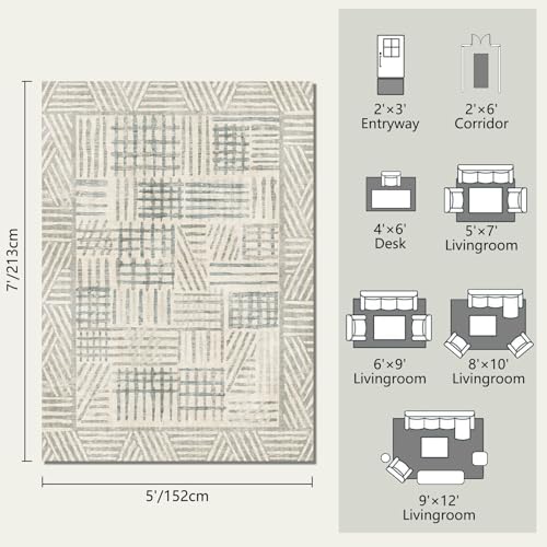 Image of Area Rug 5x7 Abstract Geometric Textured Brushstroke - Neutral Gray & Light Blue Modern Minimalist Area Rug, Decorative Carpet for Living Room Bedroom Home Decor