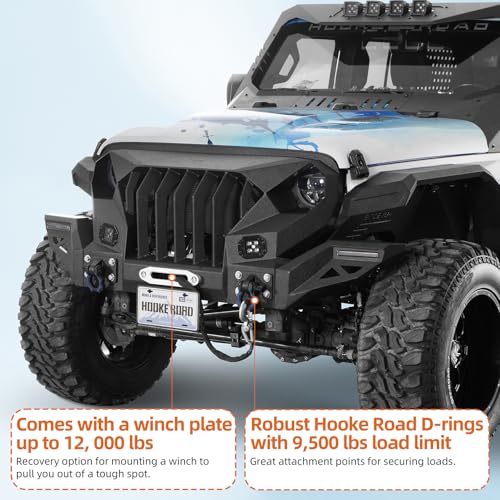 Image of Hooke Road Gladiator Front Bumper Grille (with Wings) for 2018-2026 Jeep Wrangler JL & Gladiator JT, Aggressive Offroad Bumper Include Winch Plate, D-Rings, DRL Lights