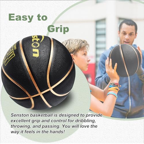 Senston 27.5\'\'/29.5\'\' Outdoor Basketball Excellent Elasticity/Grip Rubber Basketballs with Pump, Durable Size 5/7 Men Basketball (Black/Gold, Size 5/27.5\'\')