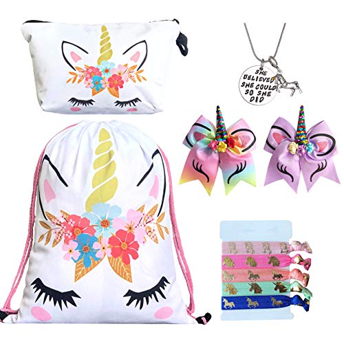Abilly Unicorn Gifts for Girls - Unicorn Drawstring Backpack/Makeup Bag/Bracelet/Inspirational Necklace/Hair Ties (White Flower #2)