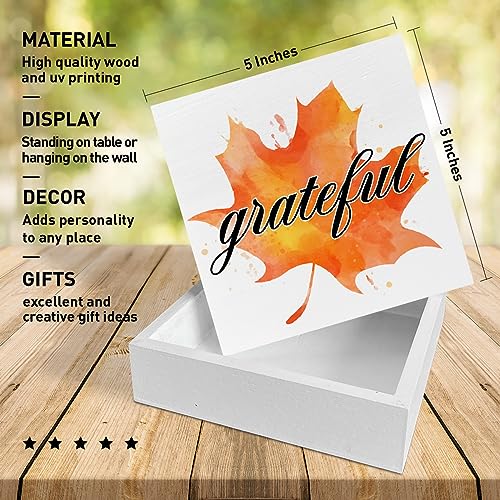Image of Thanksgiving Table Wooden Box Sign, Thankful Autumn Table Decor Fall Maple Leaf Farmhouse Tabletop Decorations for Home Office Harvest Thanksgiving Rustic Desk Decor