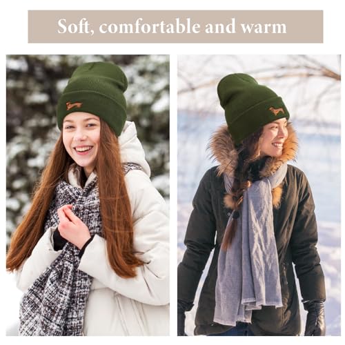 Geyoga Warme Weiche Wintermütze Winter Beanie Mütze Strickmütze mit Stickerei Kalte Mütze mit Hundestickerei Geschenk Strickmütze für Hundebesitzer(Armeegrün,Mode Dackel)