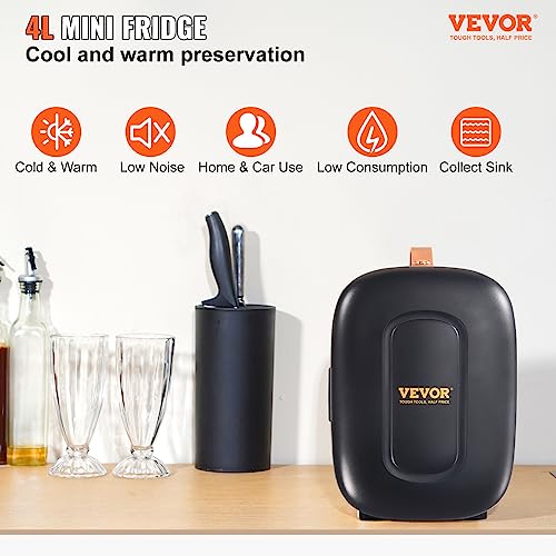 Vevor Mini Fridge, 4 Liter/6 Can Small Refrigerator For Beverage Skincare & Cosmetic, Ac/Dc Cooler & Warmer, Mute Portable Tiny Fridge For Bedroom Office Dorm Desk Car Travel, Etl Certified, Black #TOP1