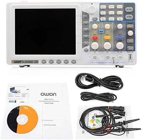 Contents of the OWON SDS5052E oscilloscope package, including the device, probes, power cord, and manual