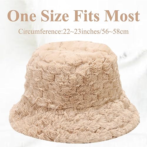 Image of Bucket Hat Women Furry Fuzzy Bucket Hats for Ladies, Winter Warm Fluffy Plush Faux Fur Hat for Women