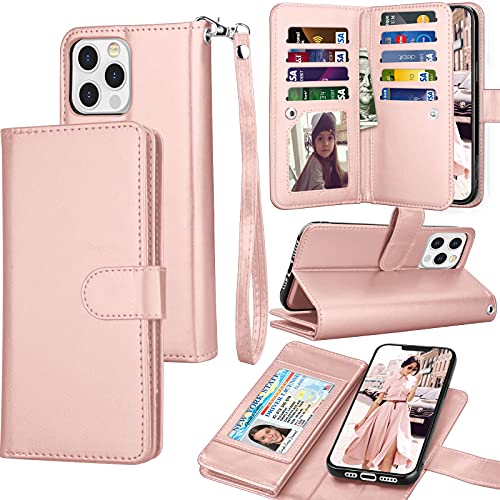 Tekcoo Wallet Case Compatible with iPhone 13 Pro (6.1 inch) 2021 Luxury ID Cash Credit Card Slots Holder Carrying Pouch Folio Flip PU Leather Cover [Detachable Magnetic Case] - Rose Gold