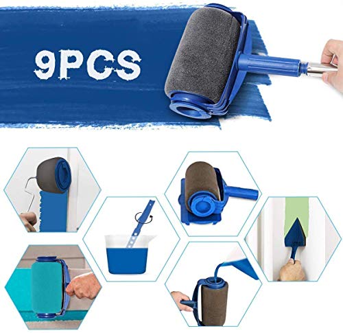 9Pcs Paint Roller Set, LIUMY Paint Runner Kit with 3 Knots Extension Pole,Handle Tool Painting Brush Set for House Wall,School & Office Wall, Ceiling,Quickly Decorate in Just Minutes (Blue)