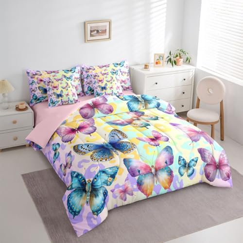 Image of 3D Flying Butterfly 7 Pcs Bedding Set Twin,Gradient Leopard Print Bed in a Bag,Colorful Butterflies Bed Set Includes Comforter,Sheet Set,Pillowcases & Pillow Covers,Cottagecore Wildlife Bedroom Decor