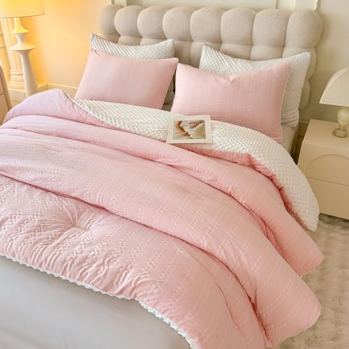 Image of tohrisa Boho Comforter Set Queen Size Striped Pleats Bohemian Seersucker Bedding Set All Season Soft Cozy 3 Pieces Quilt with 2 Pillowcases(90 inchX90 inch Blush Pink)