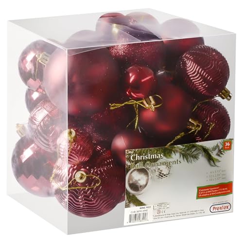 prextex wine red christmas ornaments set - 36 shatterproof wine colored ornaments for christmas tree, holiday, wreath, and party decor - includes small, medium, large dark red christmas balls