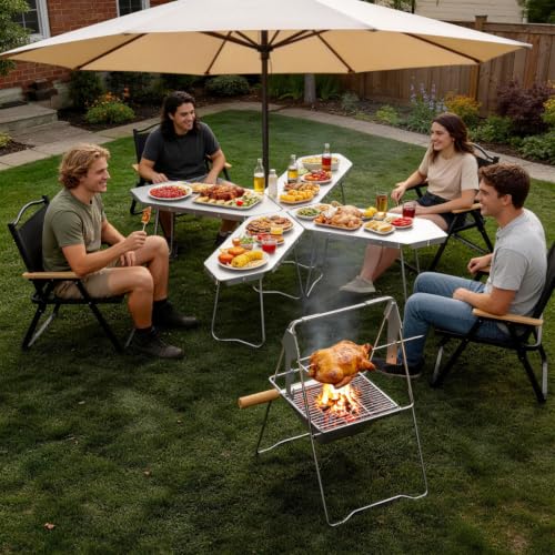 Image of Multi-Functional Wood Burning Stainless Steel Fire Pit,Modular Patio Charcoal Grill Table and Chair Set,Portable Camping Fold Campfire Grill with Rotisserie Spit