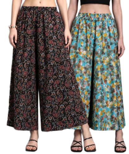 Image of Women Printed Palazzo Pants Combo Pack of 2, Comfortable Elastic Waist Lounge Pants for Women | Relaxed Fit, Loose Fitting Wide Leg Palazzo Pants, Casual Bottom (Available in S to 3XL Size)