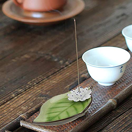 Corciosy Incense Stick Burner Holder-Ceramic Decorative Lotus Incense Burner Leaf -Incense Ash Catcher Tray Green