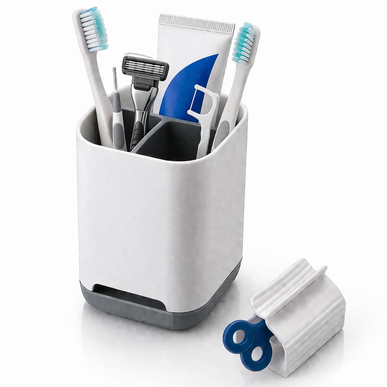 Gill Global Toothbrush Holder with Toothpaste Squeezer, 3 Slot Bathroom Organiser, Toothbrush Stand with Drainage, Bathroom Storage Cup, Razor & Makeup Organiser, Compact Bathroom Accessories, Gray