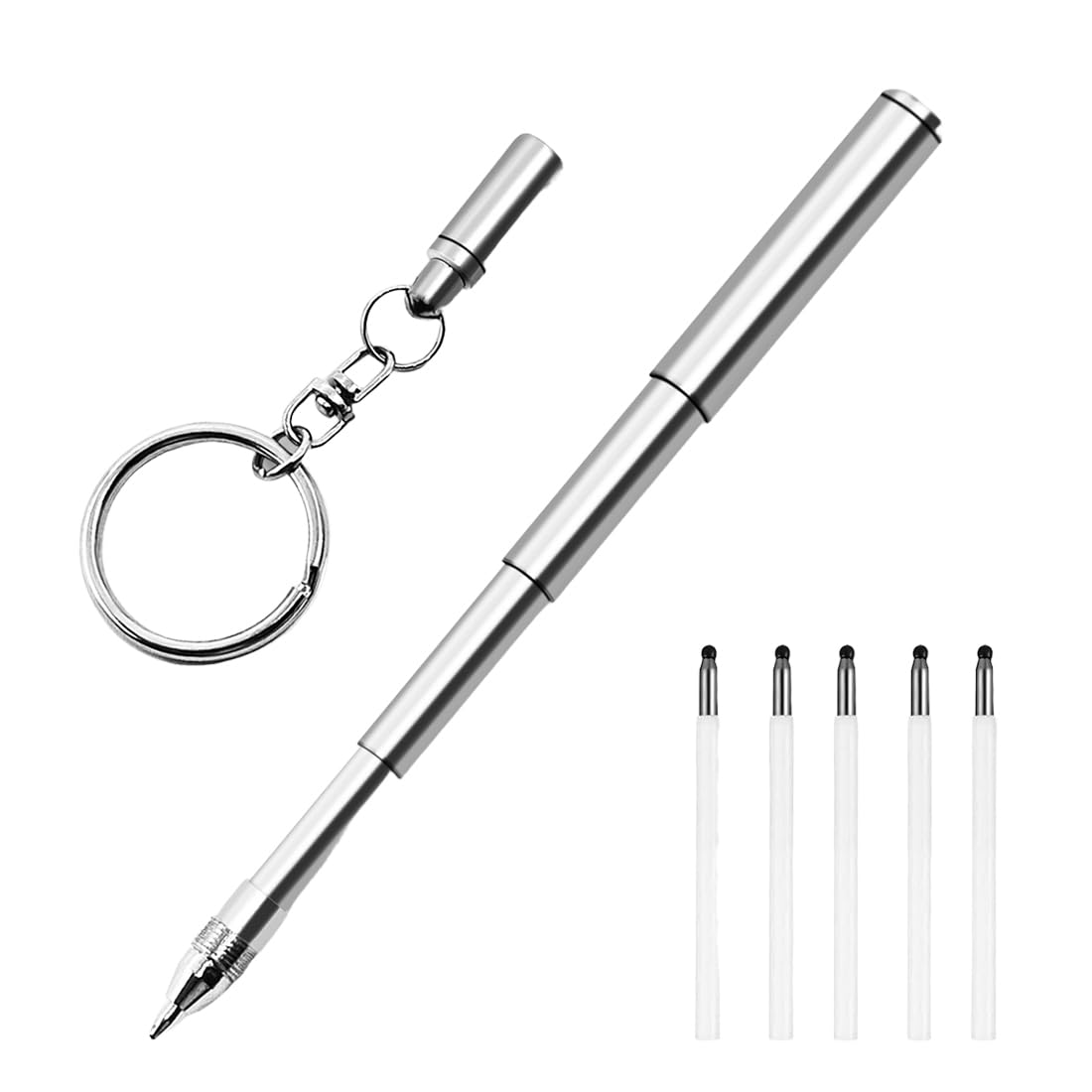 Bolígrafo Retráctil De Acero con 5 Recambios, Boligrafo Tactico, Inoxidable Llavero De Metal Bolígrafo Telescópico Herramienta Bolígrafo Telescópico Mini Bolígrafos Retráctiles para Bolsillo