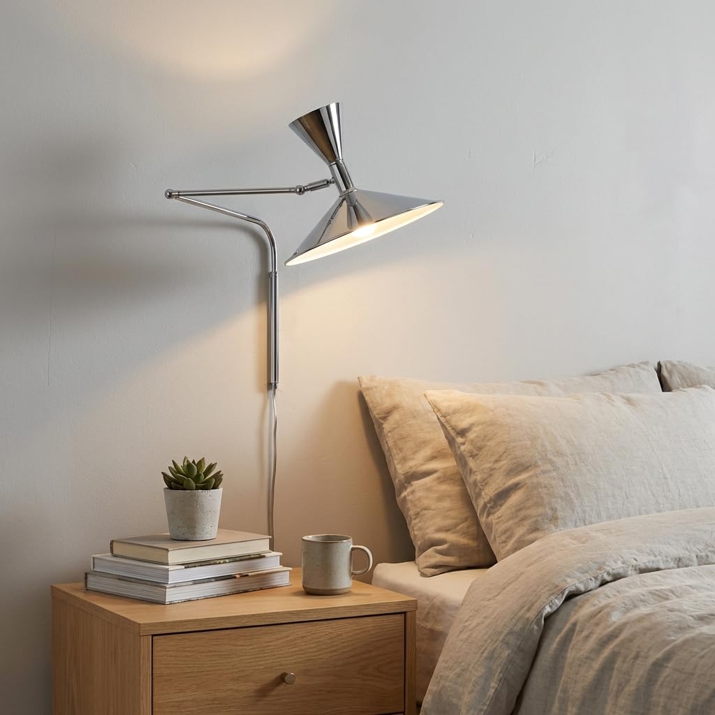 BARCELONA LED Lampada da Parete Industriale Grande 40 cm, Applique a Braccio Articolato, Stile Vintage e Moderno, Paralume in Metallo Cromato Interno Bianco, per Ristorante, Scale e Camera