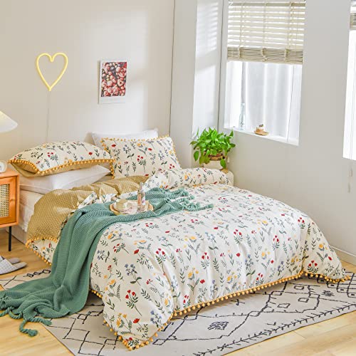 Pom Pom Bedding Floral Duvet Cover Set Yellow Red Flowers Colorful Floral Botanical Printed French Country Farmhouse Bedding Sets Queen With 2 Pillowcases (Queen, Colorful) #TOP4