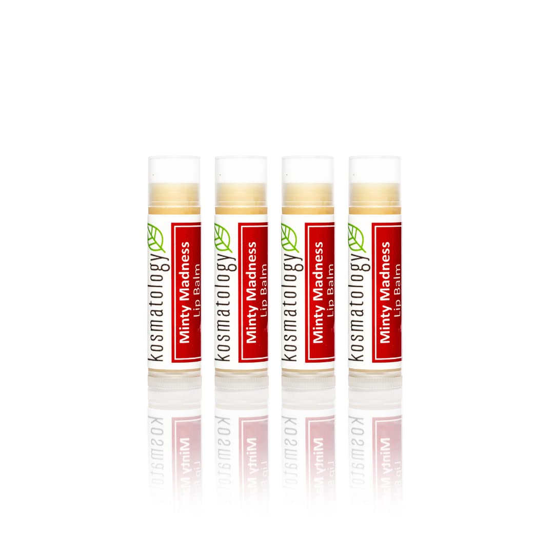 Kosmatology Organic Peppermint Eucalyptus Lip Balm - Minty Madness 4 Pack | Beeswax Free | Vegan | 100% Natural Moisturizer for Cracked & Dry Lips