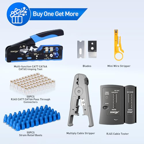 Image of RJ45 Crimp Tool, Cat7 Cat6 Cat5 Crimping Tool Kit with Wire Cutter, Network Cable Tester, Mini Cable Stripper, 50xCat6 Connectors, 50xRJ45 Boots, Ethernet Crimper for Network Cable Installation