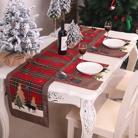 Katzinst Table Runner for Christmas, Christmas Table Runner, Red Plaid Christmas Tablecloth, Washable Dining Table Runner, Christmas Table Decoration, Christmas Elk Cover