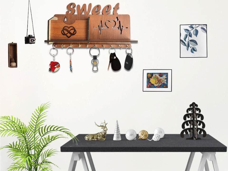Image of Sweet Heart Beat Key Holder Wooden Side Shelf Key Holder for Home and Kitchen Matte Finish Mobile Charger Stand Key Organizer for Decor Office, Living Room, Hall Great Gift Item